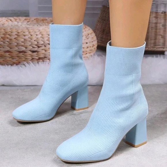 Fashion Blue Boots For Women, Minimalist Chunky Heeled Slip On Sock Boots - Picture 5 of 7